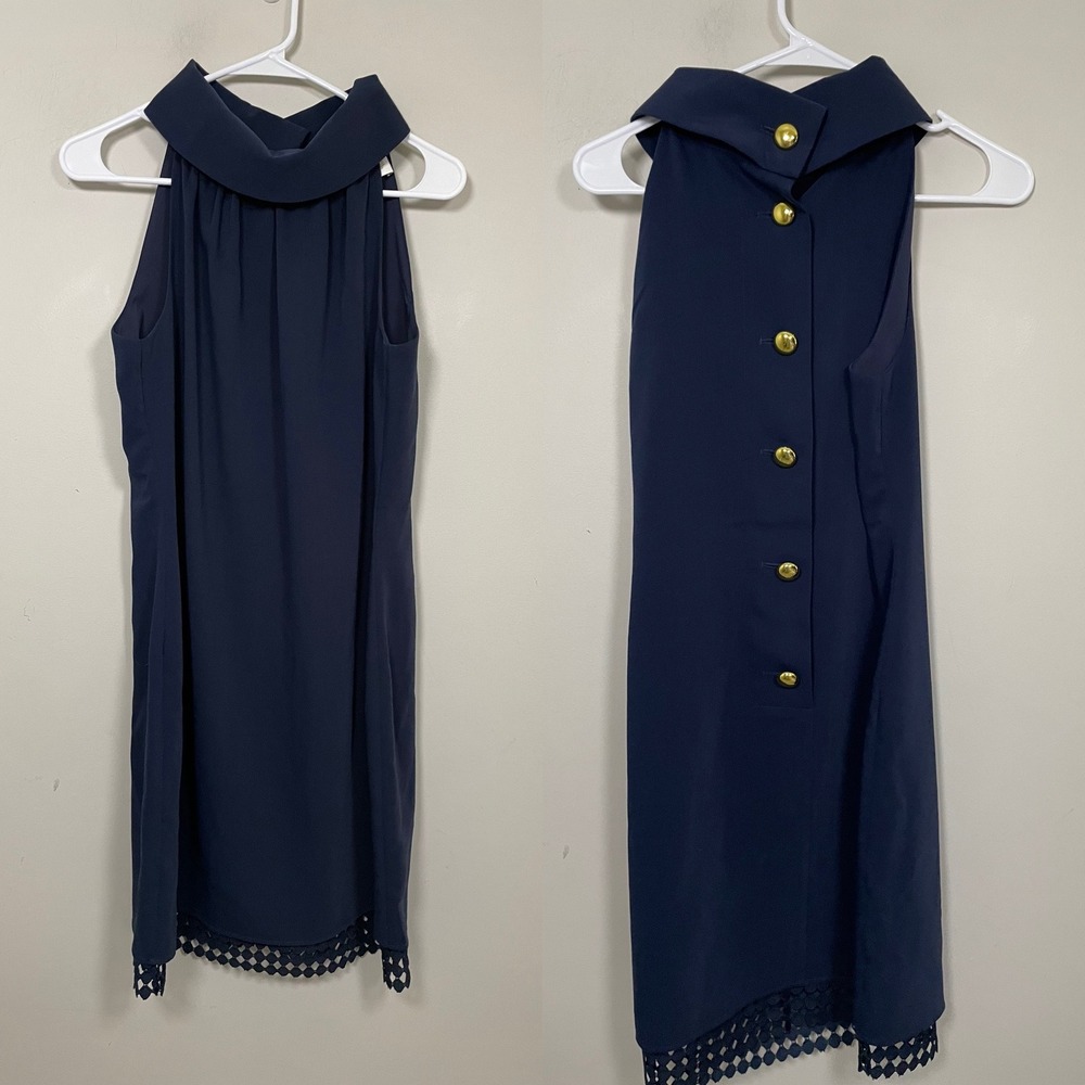 Sail to Sable Tuckernuck Cowl Neck Button Back Shift Dress in Navy Size 6